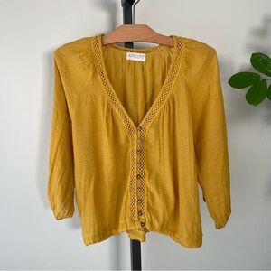 Apricot Mustard Yellow Boho Button Down Blouse Top Crochet Eyelet Small Medium